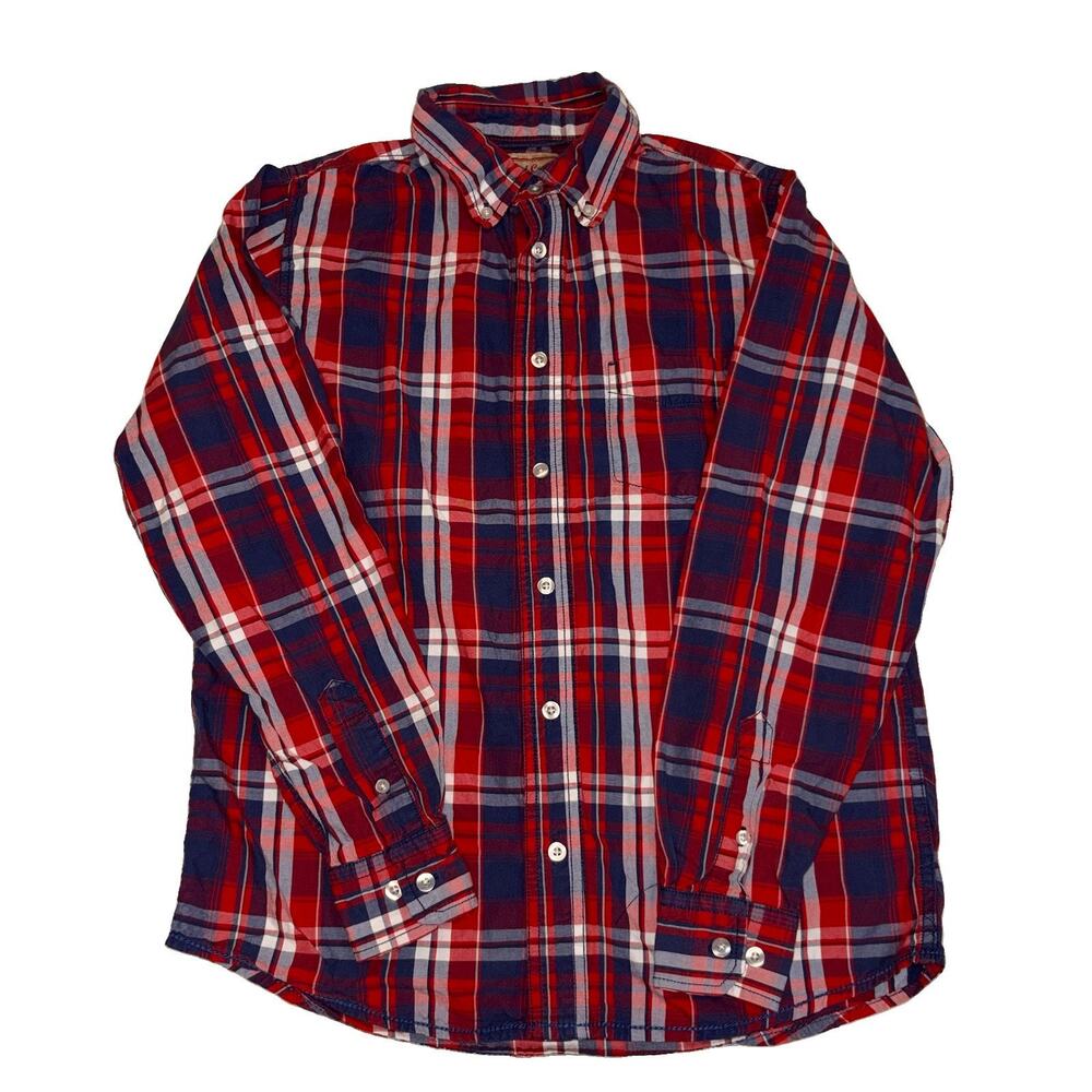 Red Camel Boys Large Plaid Button Down Shirt Long Sleeve Red Navy Blue Cotton